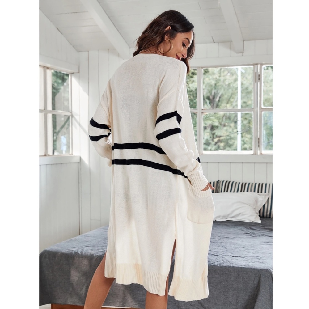 🌵Longline Cream Color Black Stripes Pocket Front Open Cardigan - Picture 3 of 7